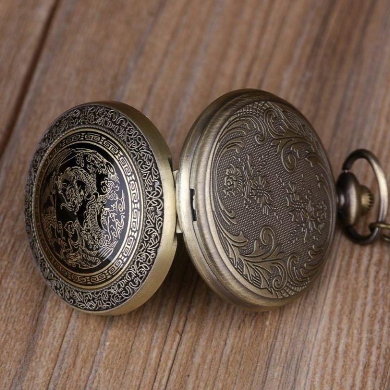 ManChDa - Montre de poche - Double cadran squelette gravé rétro pour homme, mouvement mécanique, montre dorée avec chaîne + coffret cadeau